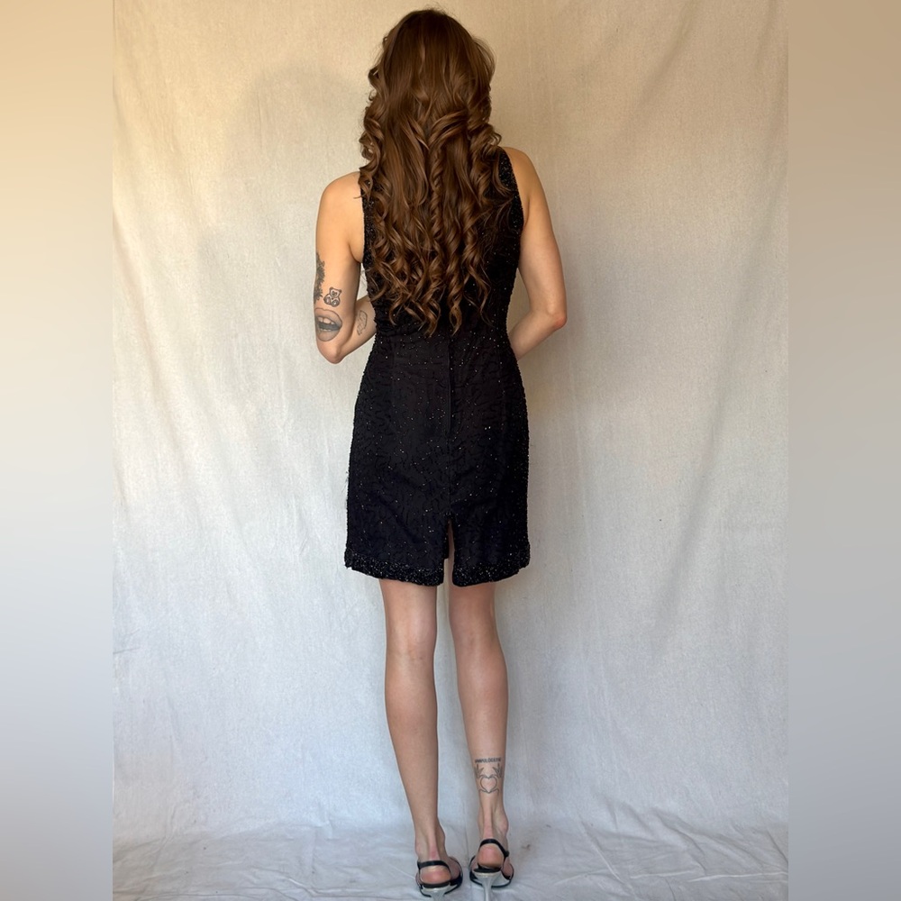 Vintage 90s LBD - Black Beaded Mini Silk Cocktail Wedding Dress - Picture 4 of 8